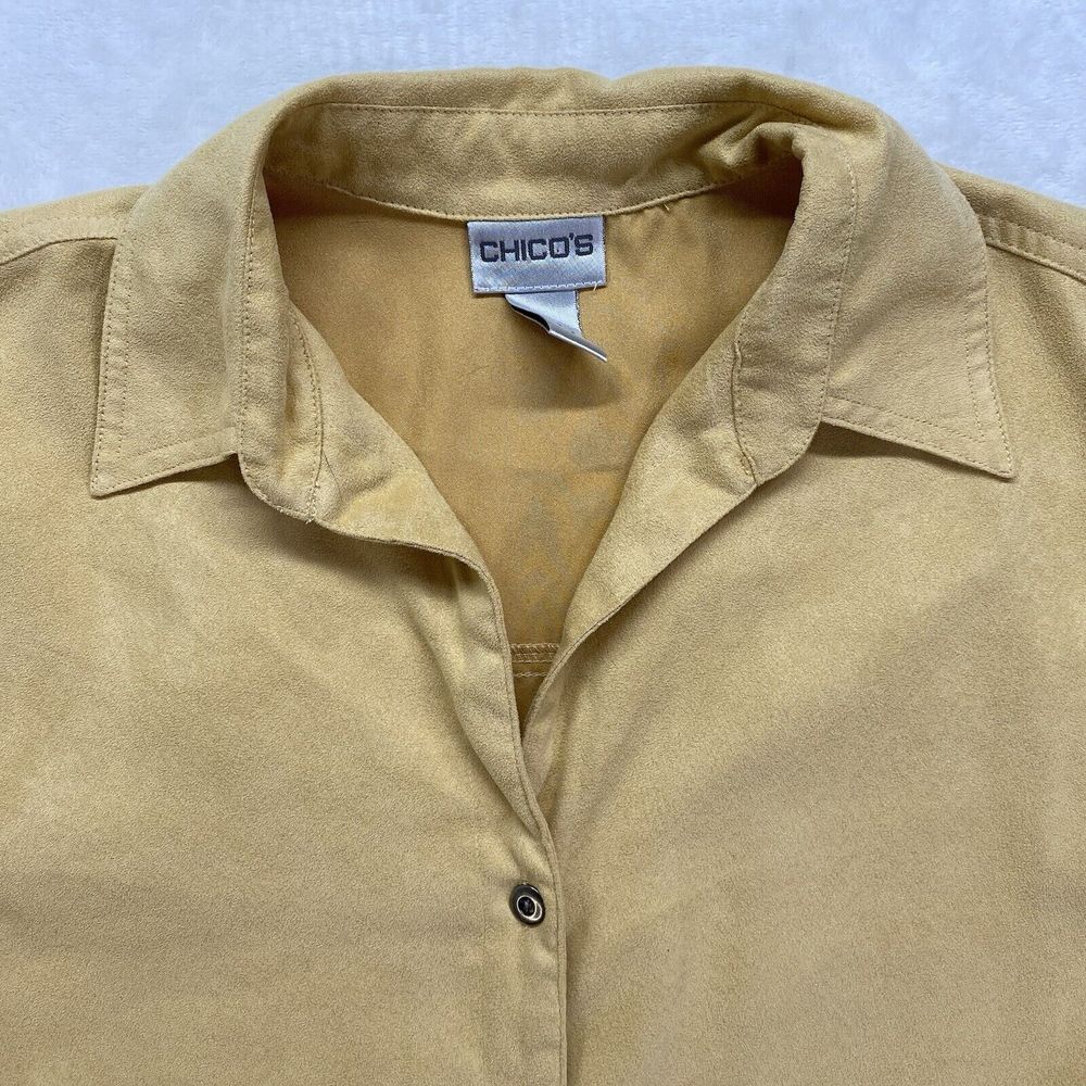 CHICO'S top Womens 0 small Faux Suede Button-Front Shirt Blouse Dijon Yellow - Picture 3 of 9